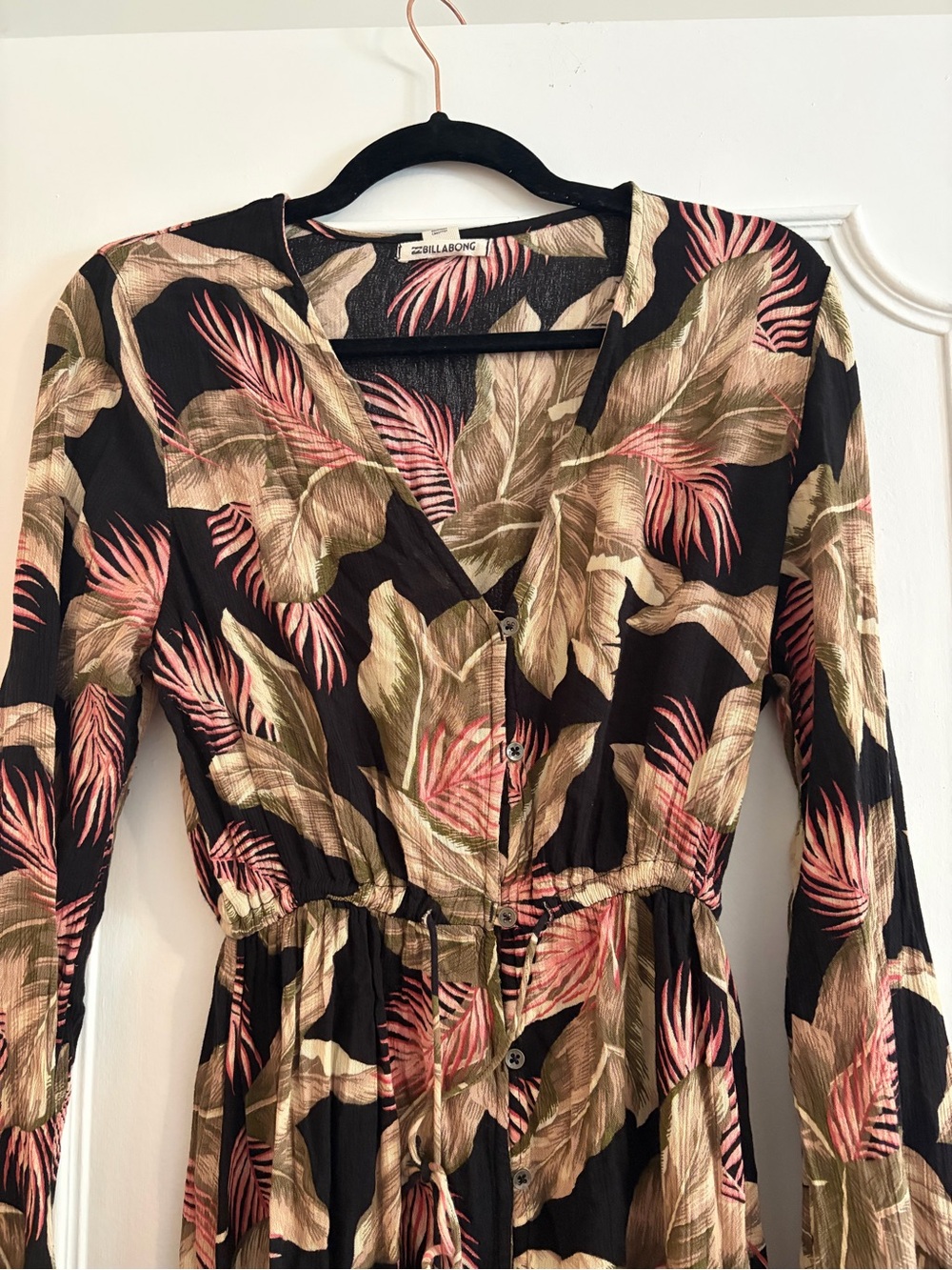 Billabong Black Maxi Dress with Olive and Pink Botanical Print size M - Picture 4 of 9